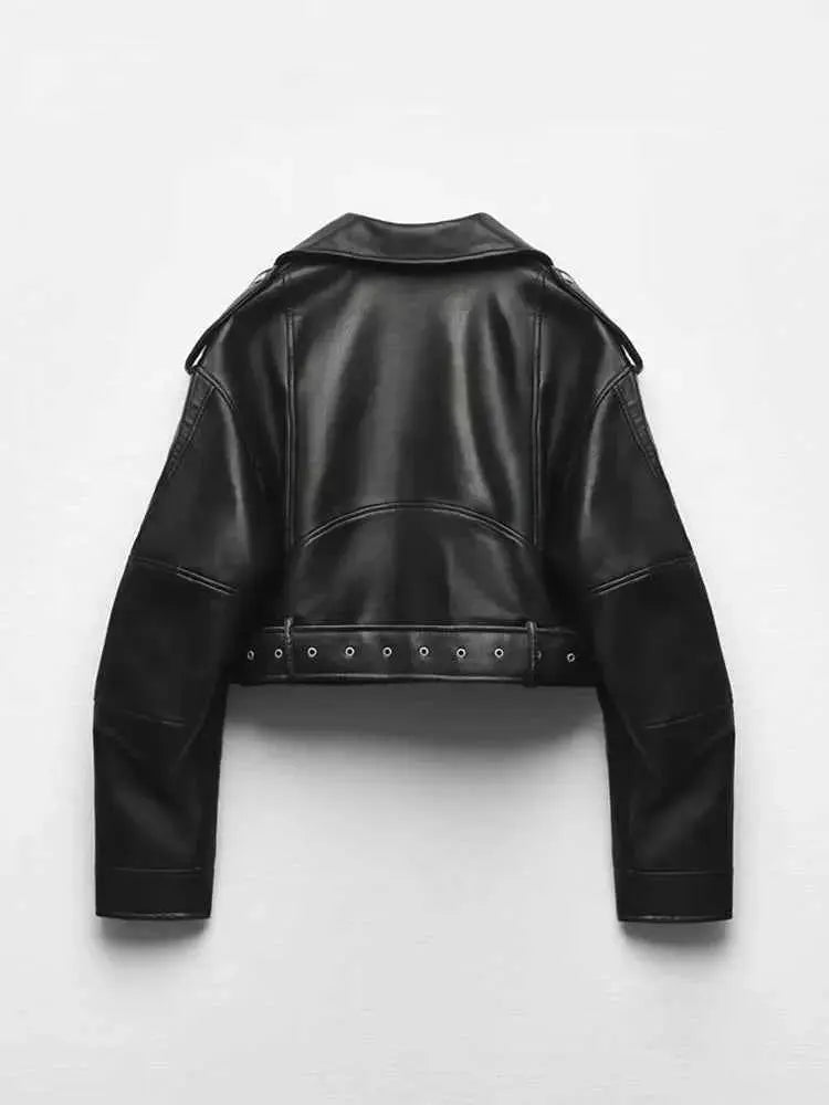 Women Faux PU Leather Short Jacket Belted Motorcycle Style Zipper Lapel Spring Autumn Outwear