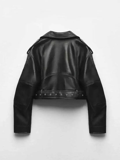 Women Faux PU Leather Short Jacket Belted Motorcycle Style Zipper Lapel Spring Autumn Outwear