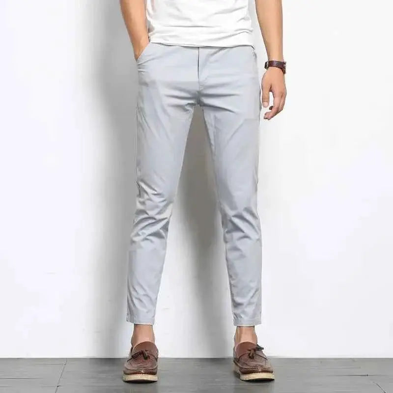 Browon Summer Men Casual Pants Solid Color Straight Leg Ankle Length Slight Elastic Waist High Quality Formal Trousers