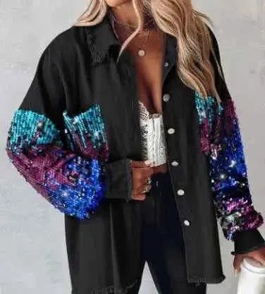 2025 Spring And Autumn Women Loose Casual Denim Shirt Jacket With Sequin Tassels For Everyday Wear