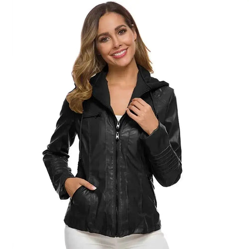 Gothic Faux Leather Jacket Women 2024 Hooded Winter Autumn Motorcycle Outerwear PU Leather Coat Black