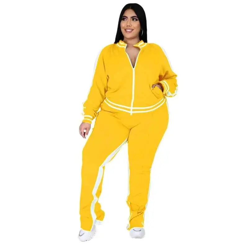 Plus Size Two Piece Sweatsuit For Women Zip Striped Top And Slit Jogger Pants Outfit Wholesale Dropshipping