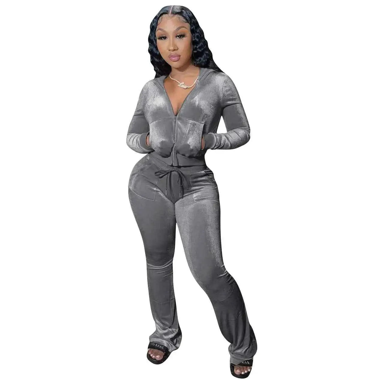 Women Autumn Velour Tracksuit Set Two Piece Zip Up Hooded Jacket Bodycon Flared Pants Jogger Outfit