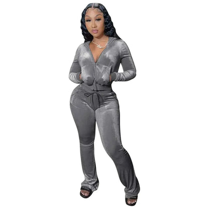 Women Autumn Velour Tracksuit Set Two Piece Zip Up Hooded Jacket Bodycon Flared Pants Jogger Outfit