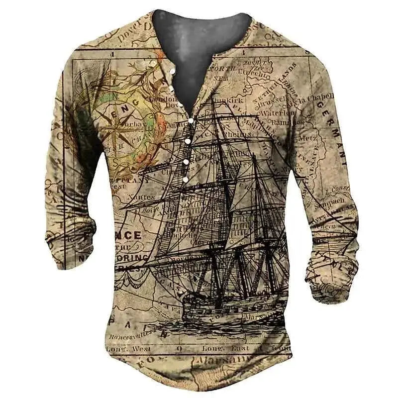 Vintage Men's Compass Graphic Long Sleeve Tee Oversized Streetwear 3D Print For Men