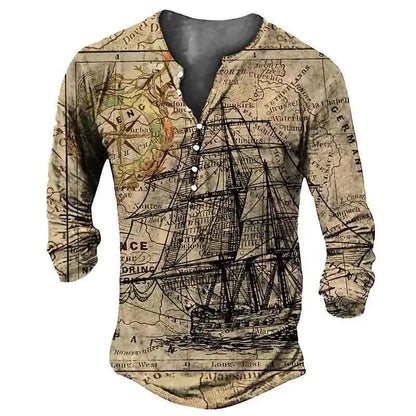 Vintage Men's Compass Graphic Long Sleeve Tee Oversized Streetwear 3D Print For Men