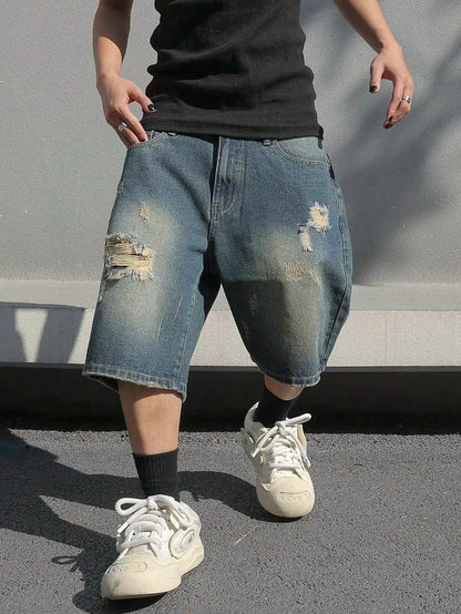 Men's Baggy Denim Shorts Summer Stretch Ripped Knee Length Cargo Pockets Streetwear Casual