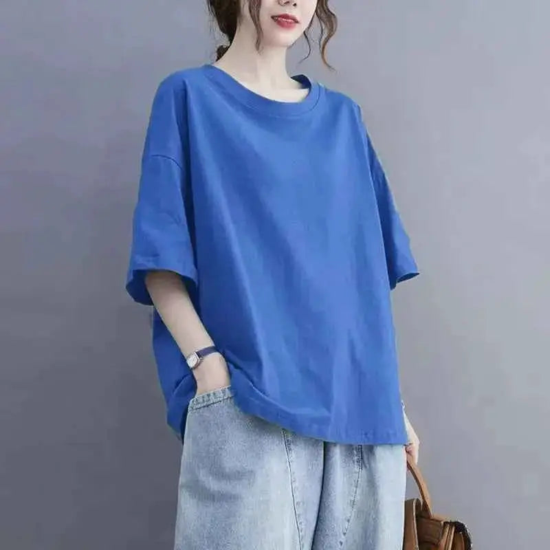 Oversized Womens Casual Korean Solid Color O Neck Short Sleeve T Shirt Summer Loose Pullover Top Tee
