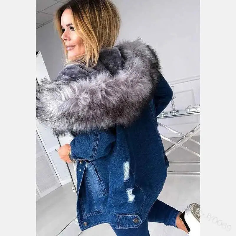 Winter Vintage Ripped Denim Coat With Hooded Plush Lining Pocket Stitching Long Sleeve Baggy Jacket For Women