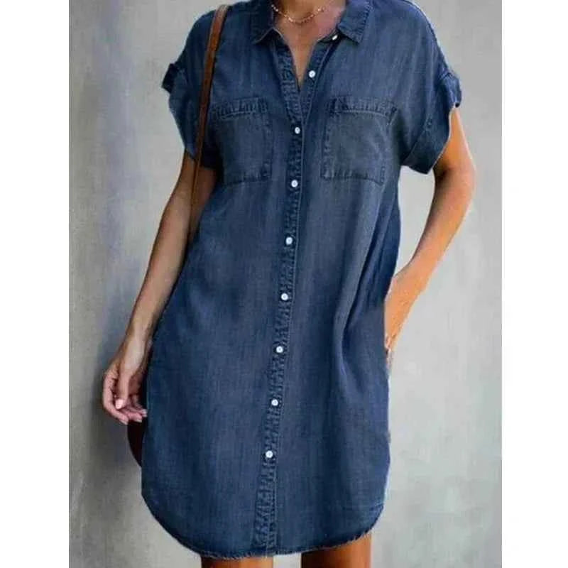 Women Denim Shirt Dress Short Sleeve Distressed Jean Button Down Casual Tunic Top Casual Wear