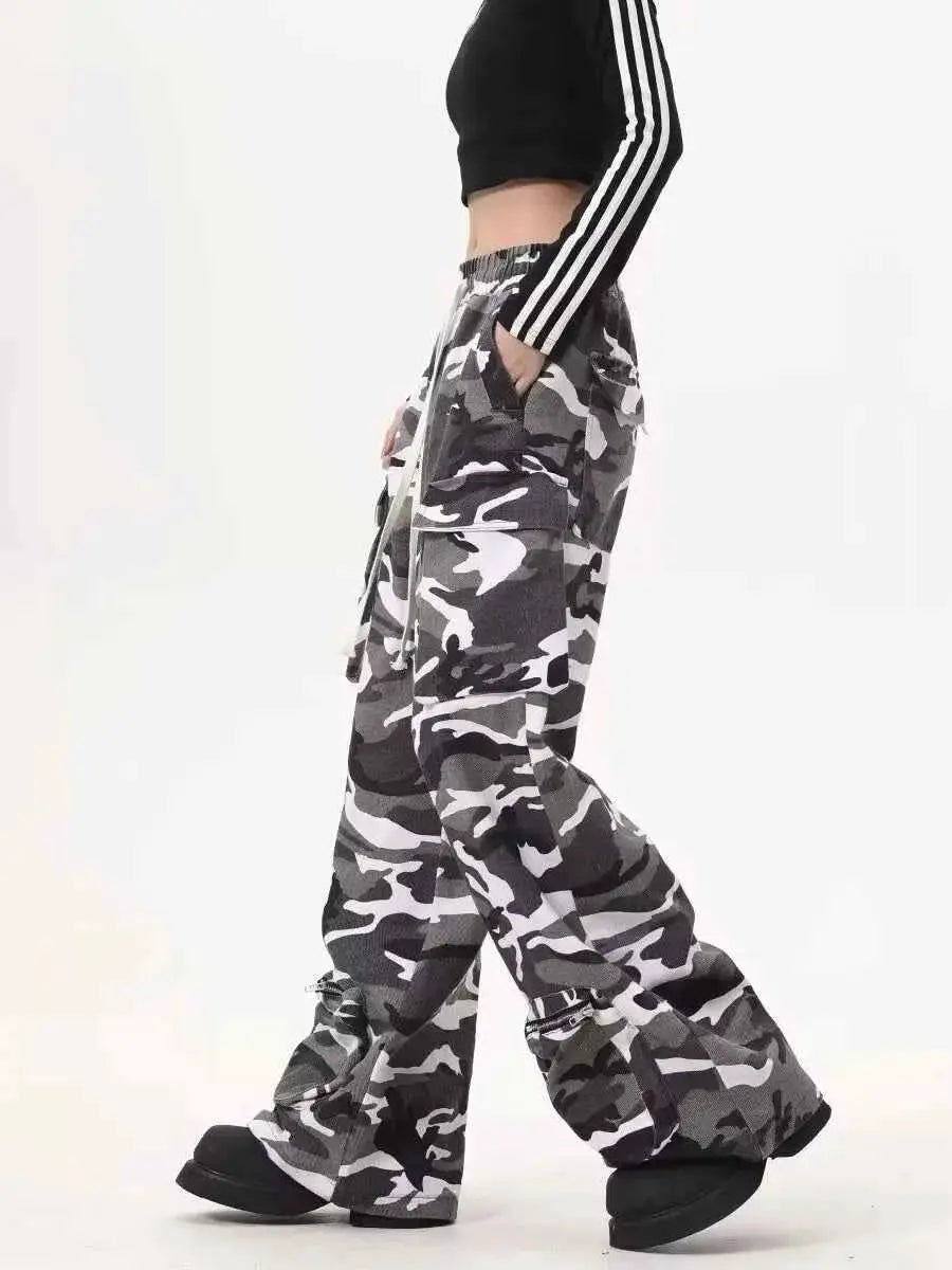 Y2K Baggy Cargo Pants Women Camouflage Print Wide Leg Joggers Hip Hop Streetwear Drawstring Casual Trousers