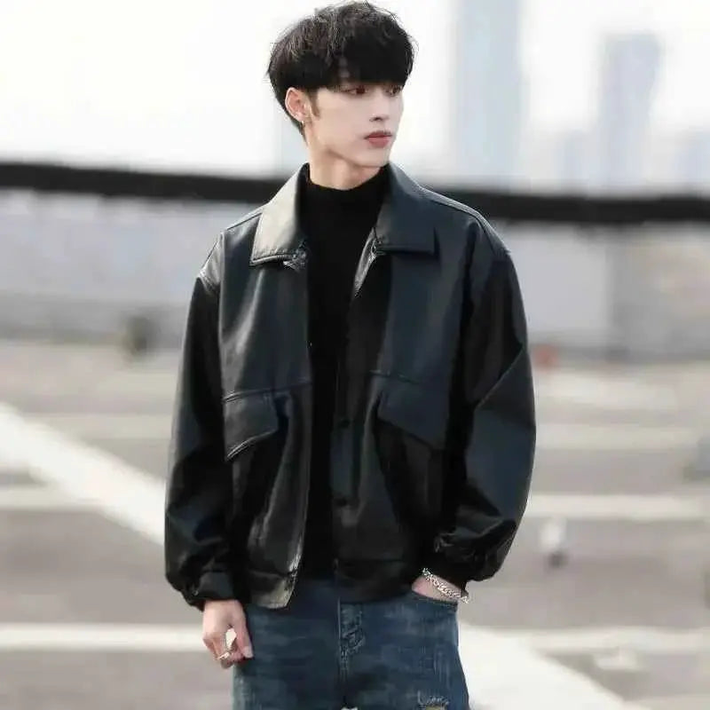 Mens Loose Style Leather Jacket Motorcycle Biker Bomber Coat For Men Fashion Leather Coats 2023