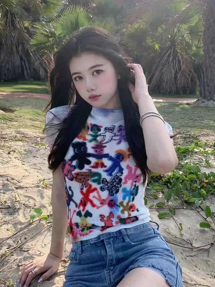Womens Harajuku Korean Y2K Graphic Print Short Sleeve T Shirt O Neck Top Vintage Streetwear Summer