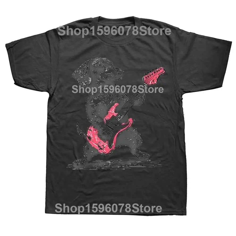 Vintage Dachshund Playing Guitar Graphic Tee For Men Music Lover Y2K Style Funny Rock Hip Hop Streetwear Tee
