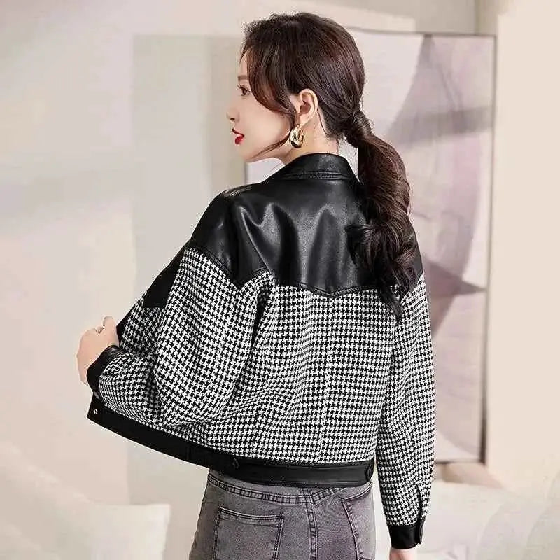 Leather Coat For Women PU Leather Motorcycle Jacket Short Splice Design 2024 Spring Autumn