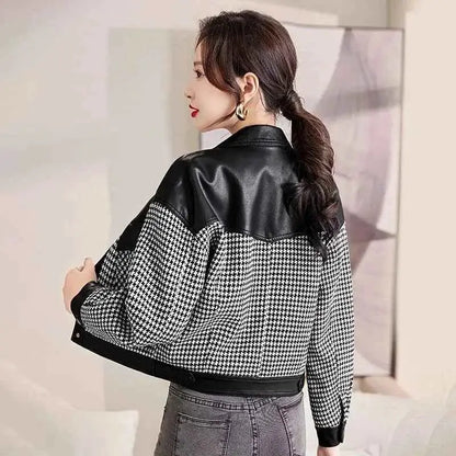 Leather Coat For Women PU Leather Motorcycle Jacket Short Splice Design 2024 Spring Autumn