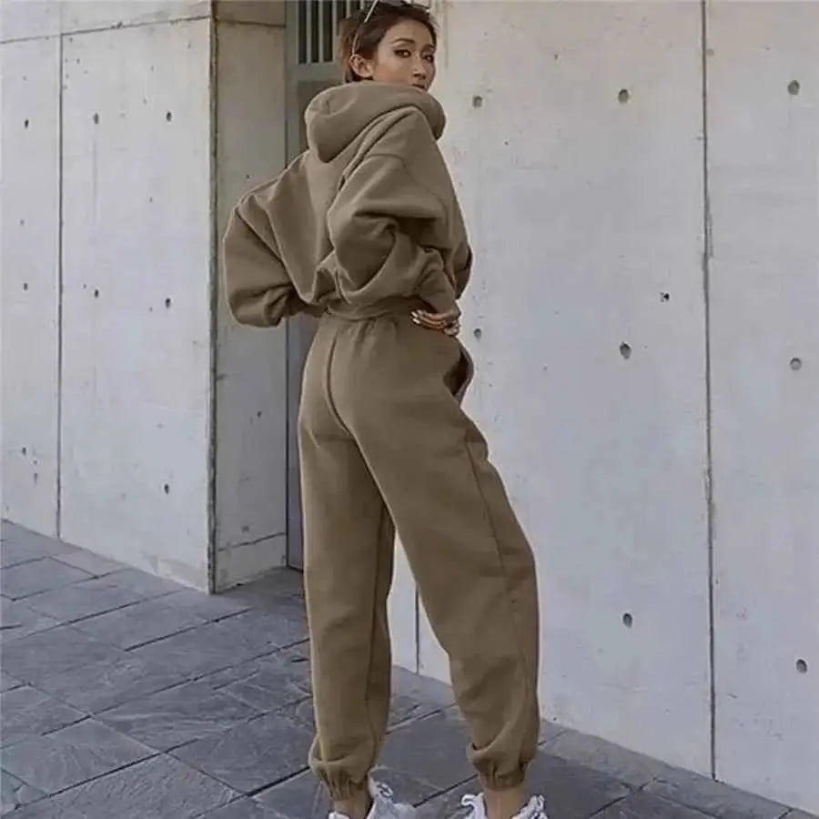 Women Two Piece Hoodie Tracksuit Set Solid Color Sweatshirt Pants For Autumn Winter 2024