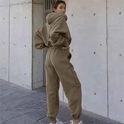Women Two Piece Hoodie Tracksuit Set Solid Color Sweatshirt Pants For Autumn Winter 2024