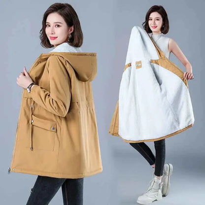 Winter Cotton Puffer Coat For Women Plush Lining Hooded Parka Outerwear Casual Trench Jacket