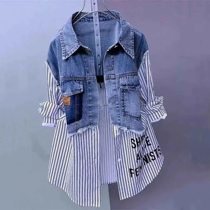 New Splicing Denim Jacket For Women Spring Autumn Korean Fashion Denim Shirt Ladies Tops Casual Jean Coat Windbreaker