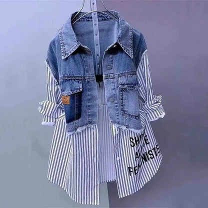 New Splicing Denim Jacket For Women Spring Autumn Korean Fashion Denim Shirt Ladies Tops Casual Jean Coat Windbreaker