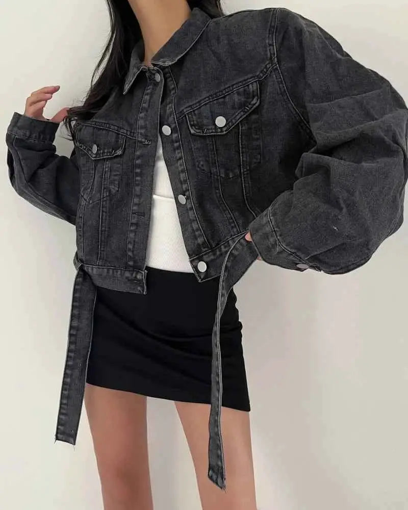 Two Colors Womens Casual Denim Jacket 2025 Spring Long Sleeve Cropped Streetwear For Women And Girls