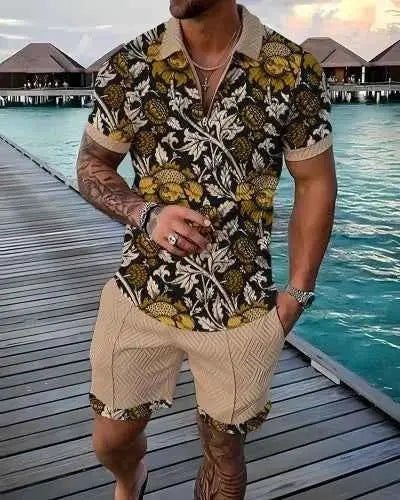 Mens Summer Tracksuit Set 3D Printed Casual Short Sleeve T Shirt With Lapel Zip Polo For Jogging