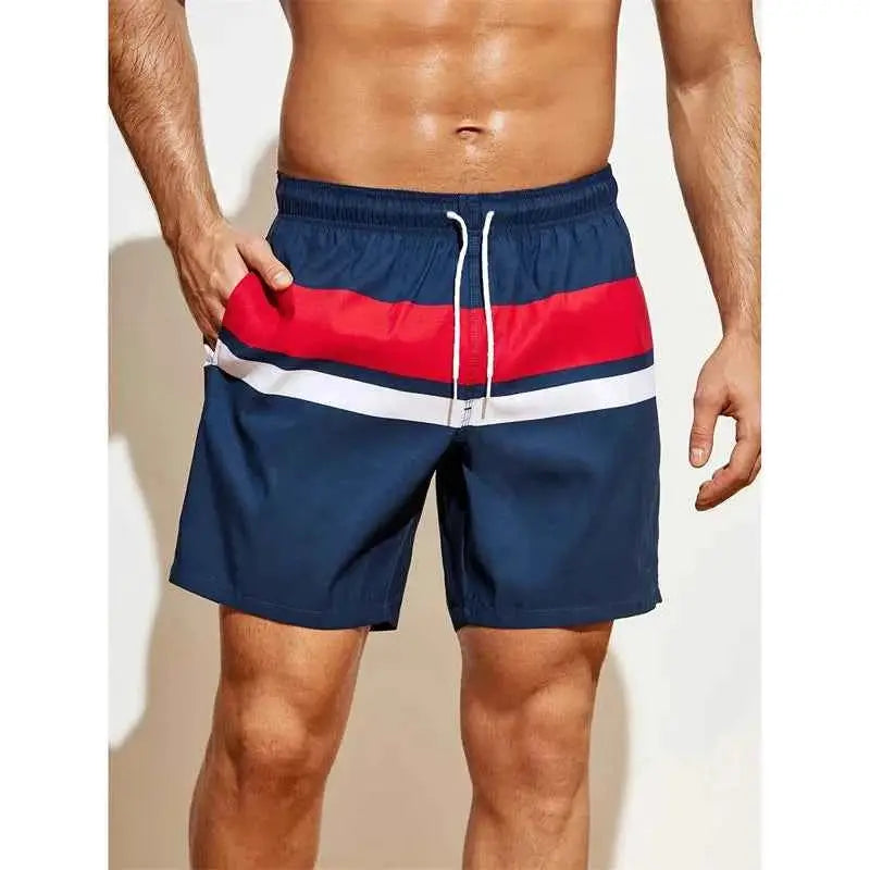 Colorful Stripe Pattern Beach Shorts For Men With Color Stitching 3D Printed Swim Trunks Hawaii Board Shorts