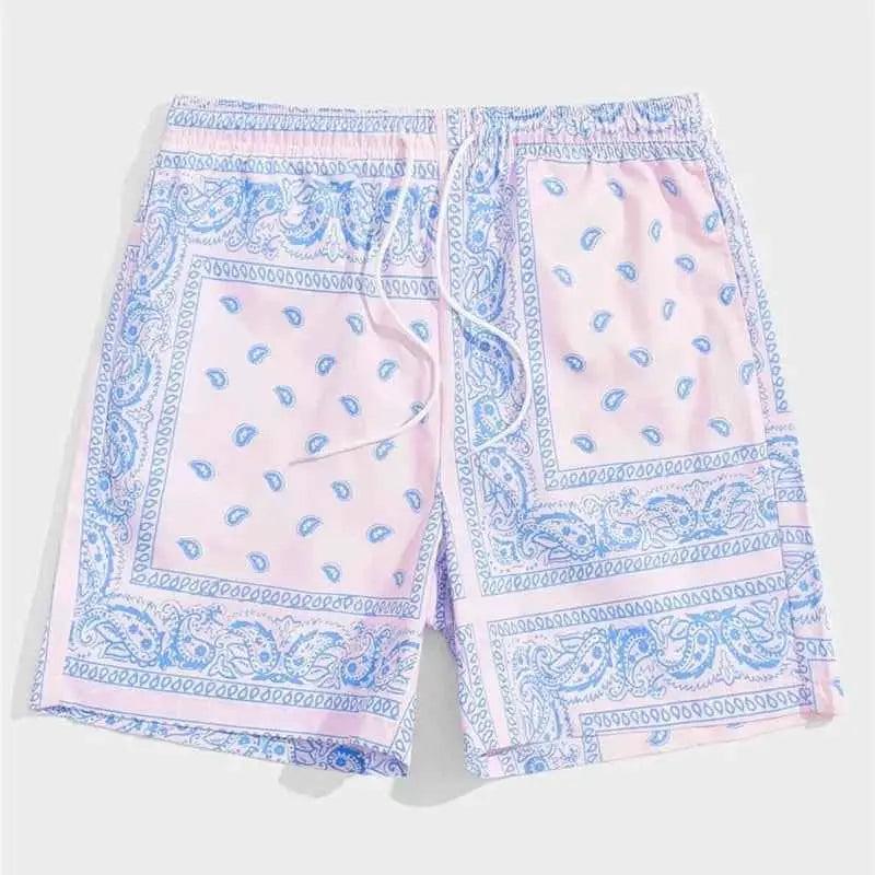 Mens Classic Perris Pattern Beach Shorts With Drawstring Board Shorts For Hawaii Vacation Swim Trunks