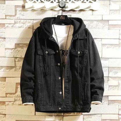 2026 New Mens Denim Jacket Hooded Loose Fit Cotton Outerwear Coat Solid Denim For Casual Streetwear Plus Size 5XL