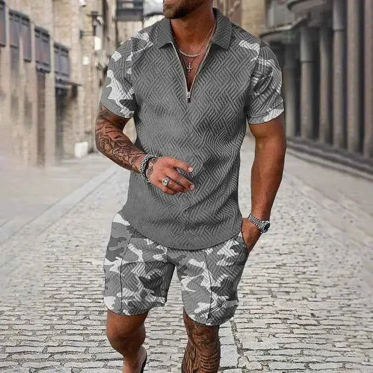 Mens Summer Tracksuit Set 3D Printed Casual Short Sleeve T Shirt With Lapel Zip Polo For Jogging