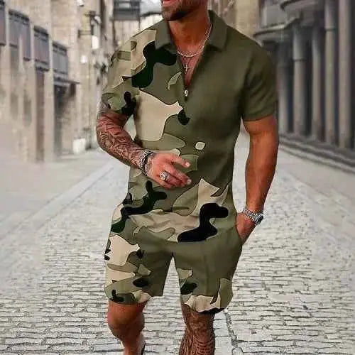 Mens Summer Tracksuit Set 3D Printed Casual Short Sleeve T Shirt With Lapel Zip Polo For Jogging