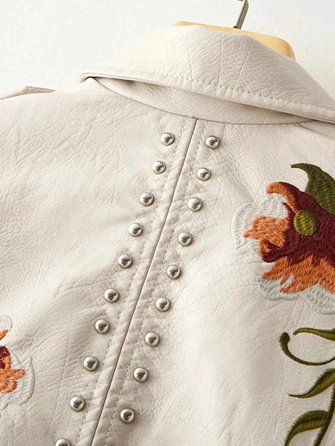 Women Rivet Floral Embroidery Moto Jacket Faux PU Leather Outerwear Black Punk Biker Style