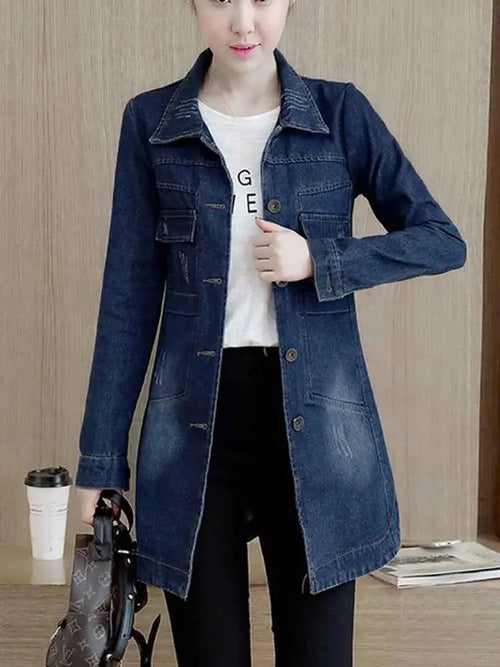 Zoki Autumn Women Denim Jacket Ripped Blue Long Sleeve Slim Fit Cotton Outwear 5XL