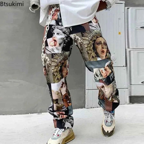 Mens Spring Autumn Streetwear Printed Pants Straight Loose Fit Mid Waist Full Length Casual Trousers