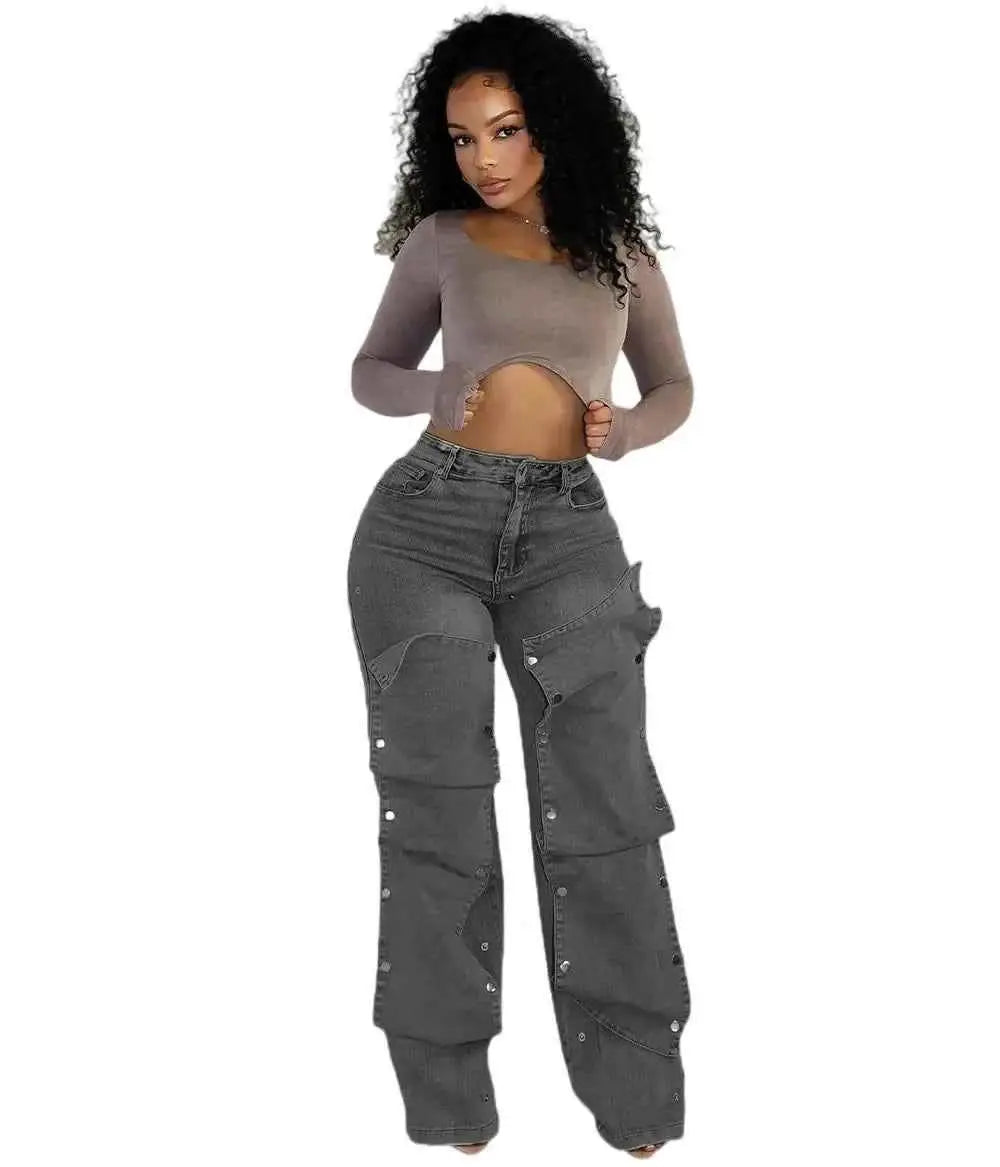 CM YAYA Women Streetwear Button Cutout Cargo Denim Jeans Wide Leg Pants Elastic Waist 2024 Fashion Party Trousers
