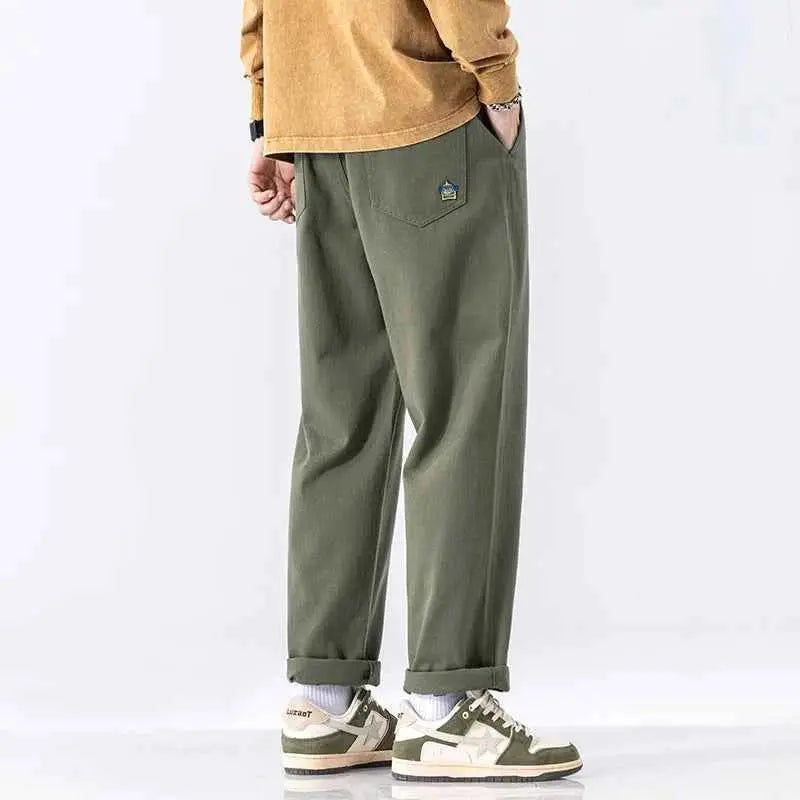 HIQOR Men Casual Cotton Vintage Jogger Pants Loose Straight Wide Leg Cargo Streetwear Trousers