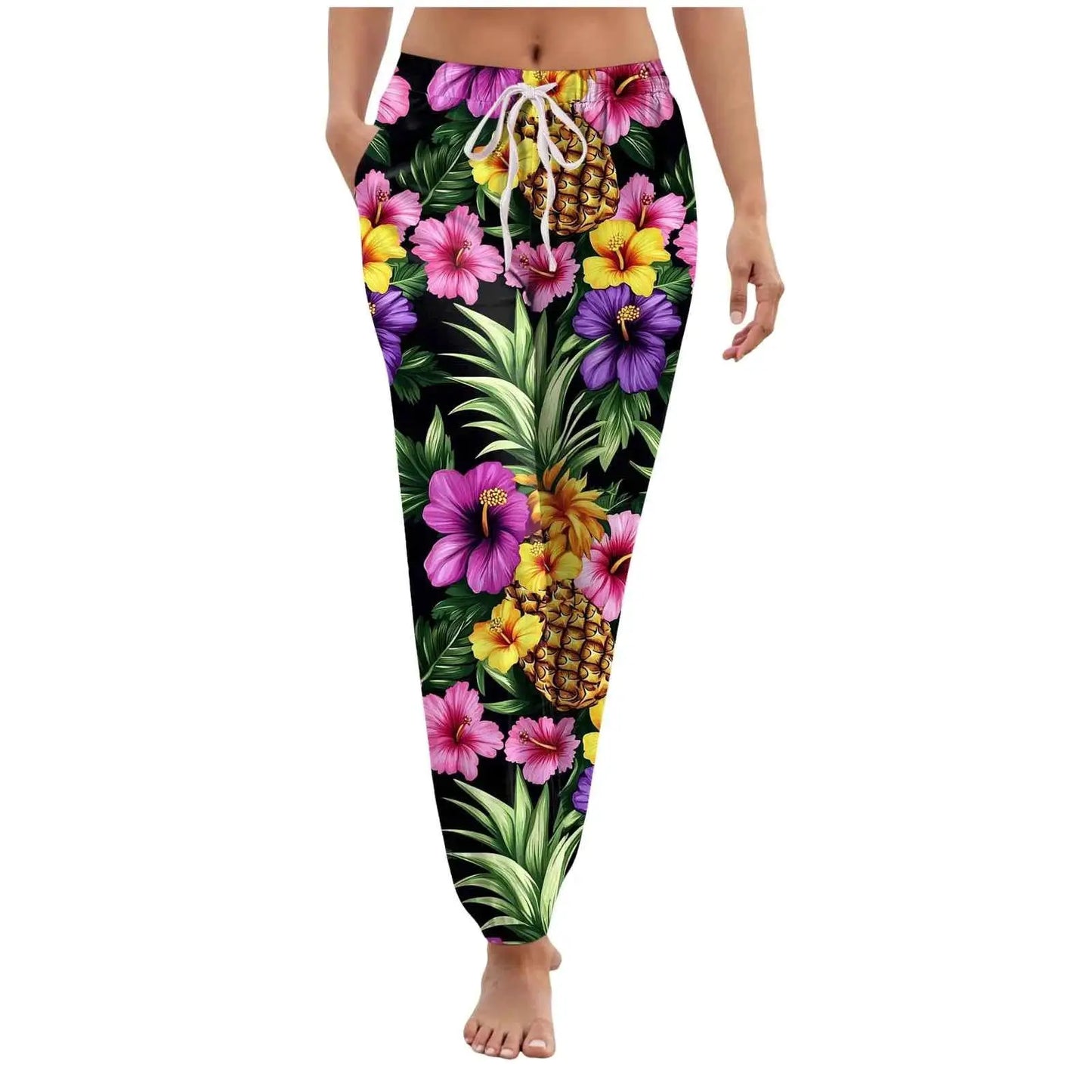 Women Casual Vintage Floral Printed Harem Pants With Pockets Drawstring Elastic Waist Beach Vacation Long Trousers