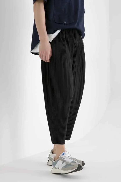 Miyake Pleated Harem Pants For Men Japanese Streetwear Baggy Breathable Low Crotch Trousers