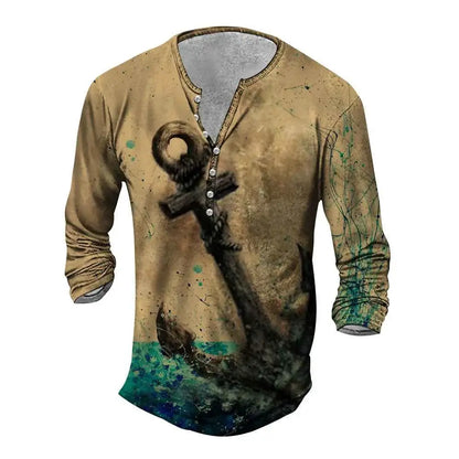 Vintage Men's Compass Graphic Long Sleeve Tee Oversized Streetwear 3D Print For Men