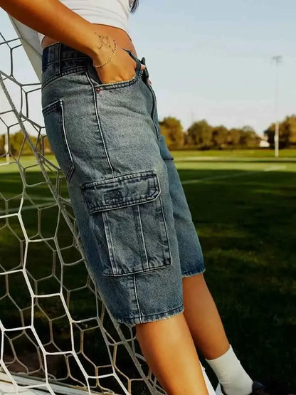 Y2K Loose Denim Cargo Shorts For Women Low Rise Wide Leg Knee Length Oversized Fit Summer Jeans Shorts Streetwear