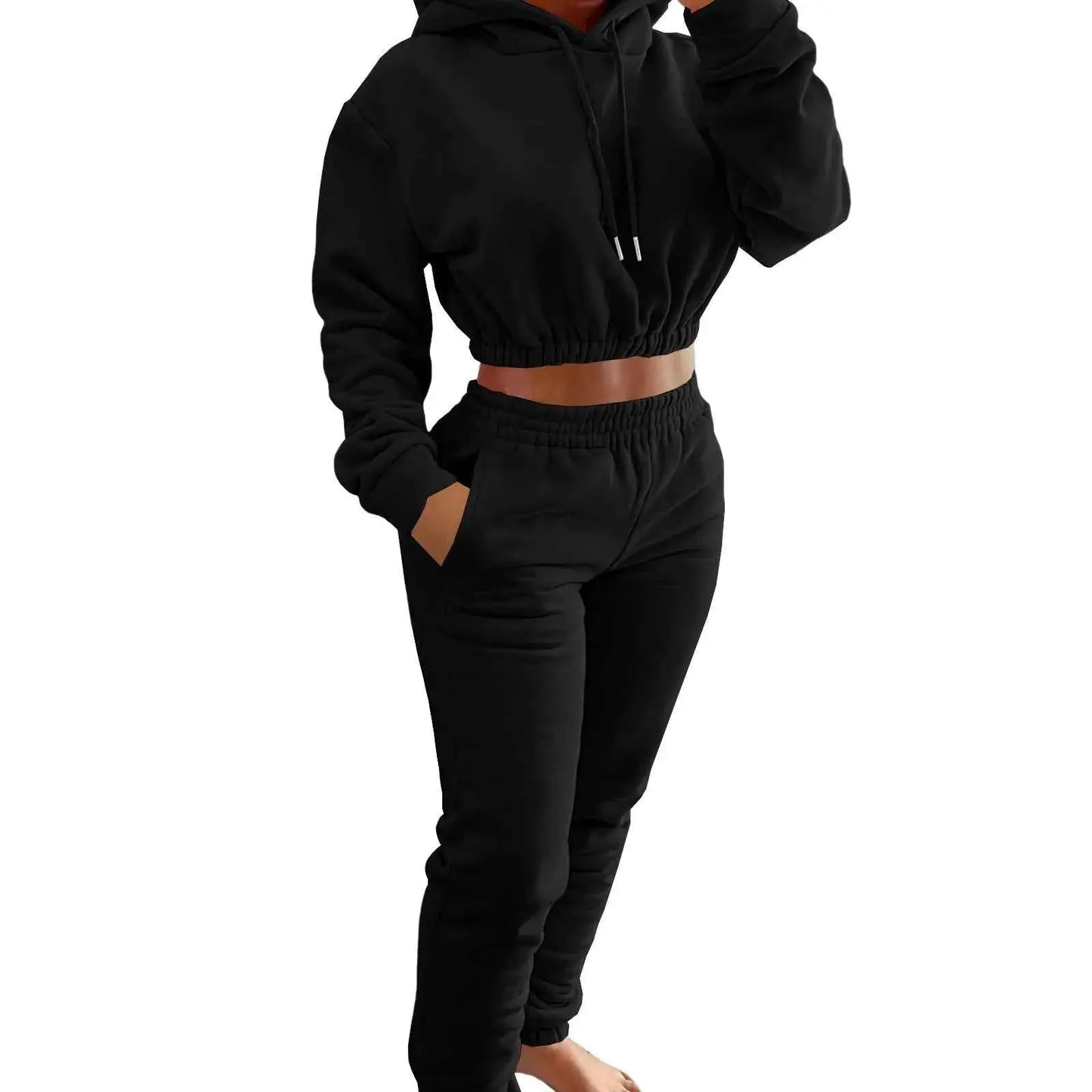 Women Autumn Winter Fleece Crop Top Hoodie Sweatshirt And Sweatpants Tracksuit 2 Piece Jogger Set Sweatsuit