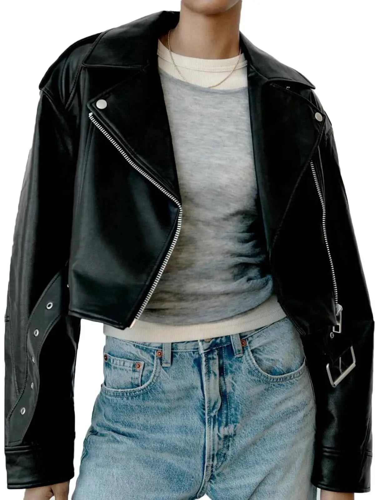 Fitaylor Women Faux PU Leather Jacket With Lapel Zipper Short Motorcycle Style Coat For Casual High Street Fashion