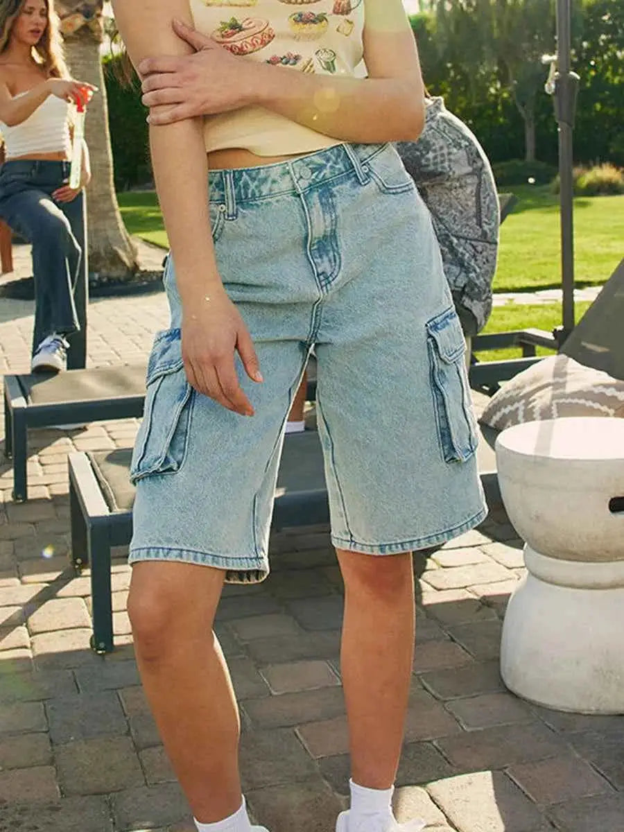 Y2K Loose Denim Cargo Shorts For Women Low Rise Wide Leg Knee Length Oversized Fit Summer Jeans Shorts Streetwear