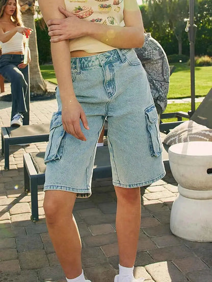 Y2K Loose Denim Cargo Shorts For Women Low Rise Wide Leg Knee Length Oversized Fit Summer Jeans Shorts Streetwear