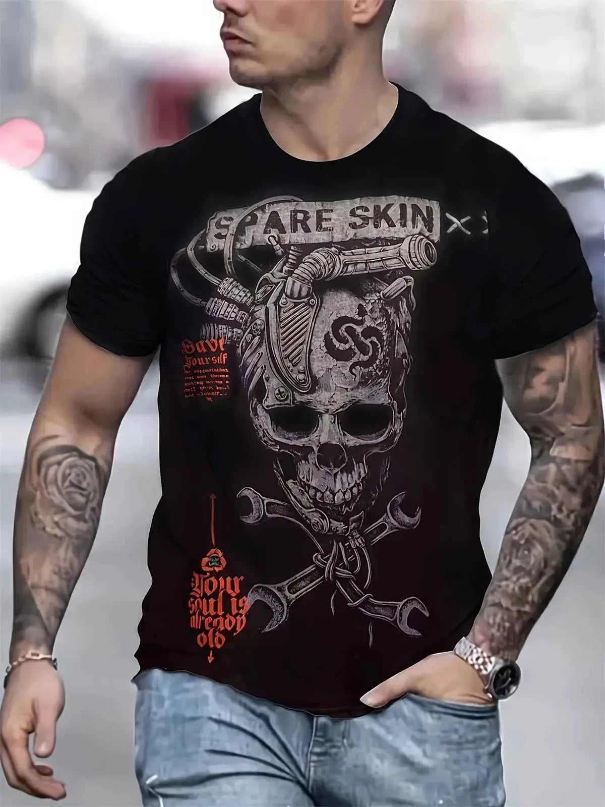 Mens Punk Skull 3D Print T Shirt Short Sleeve Graphic Tee For Summer Fashion Outdoor Streetwear