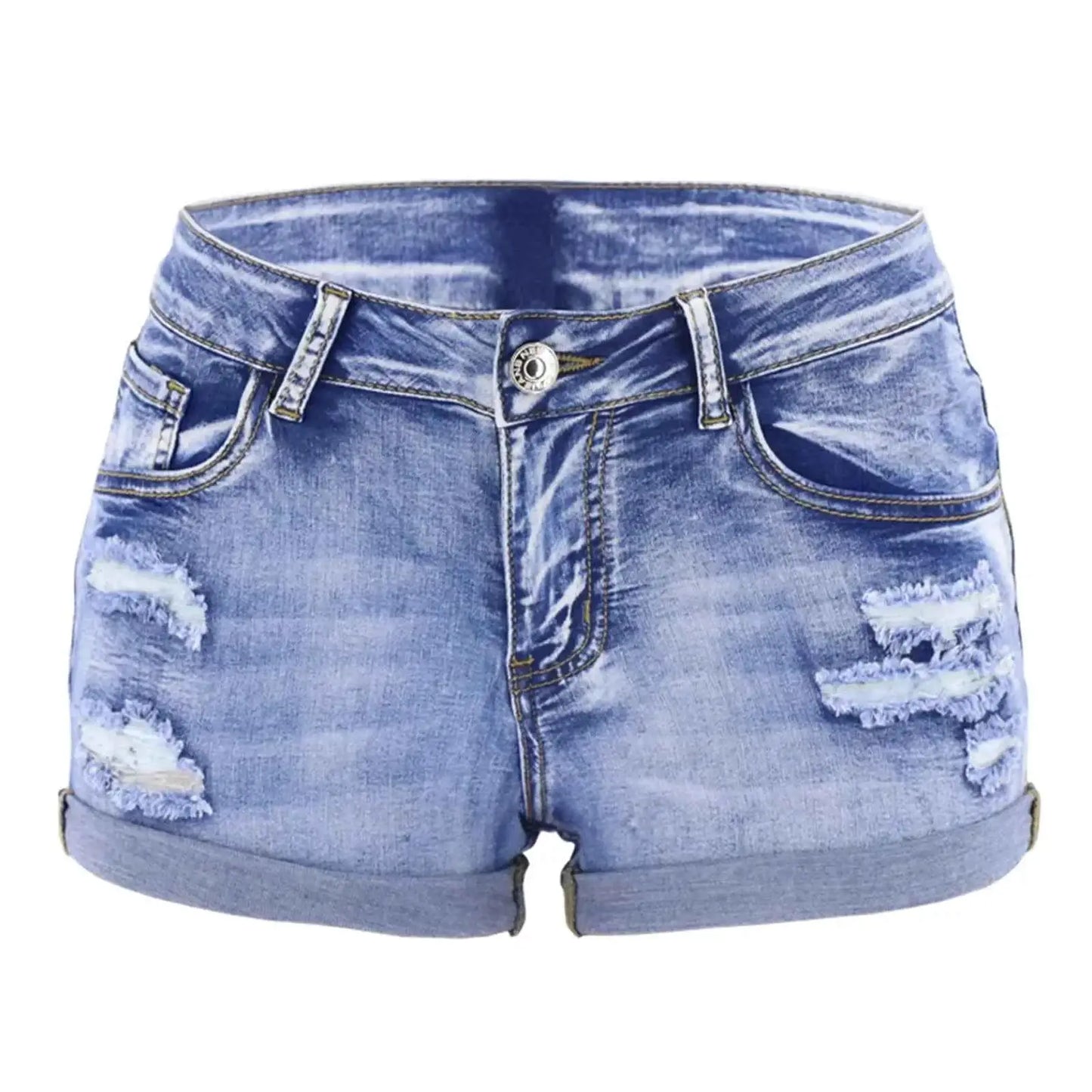 Women's Split Denim Shorts Mid Waist Elastic Perforated Curled Cuff Slim Fit Casual Beachwear