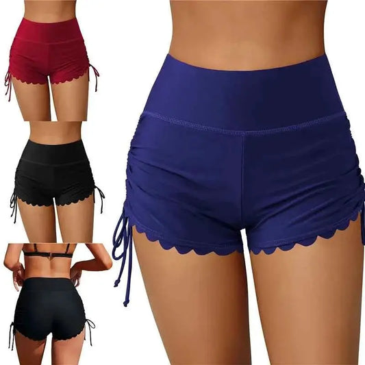 Women Swim Shorts High Waist Drawstring Wavy Hem Solid Beach Trunks For Surfing And Swimming