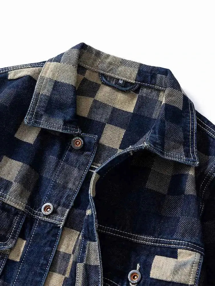 Vintage Loose Denim Jacket With Grid Pattern For Men Casual American Jean Coat Made For Everyday Wear