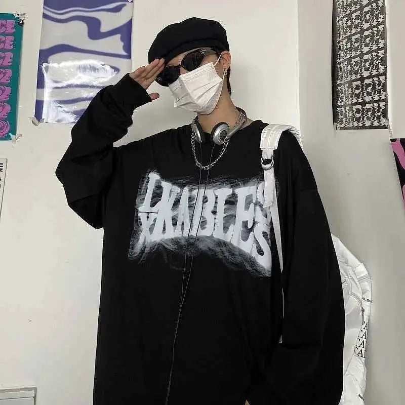 Y2K Vintage Men T Shirt Long Sleeve Oversized Harajuku Streetwear Cross Print Tee Autumn